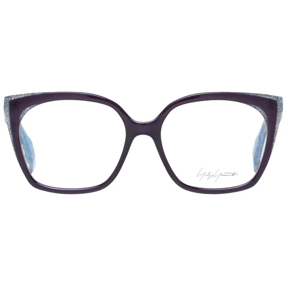 Purple oversized square plastic glasses frames with marbled gray temples and subtle brand engraving on lens.