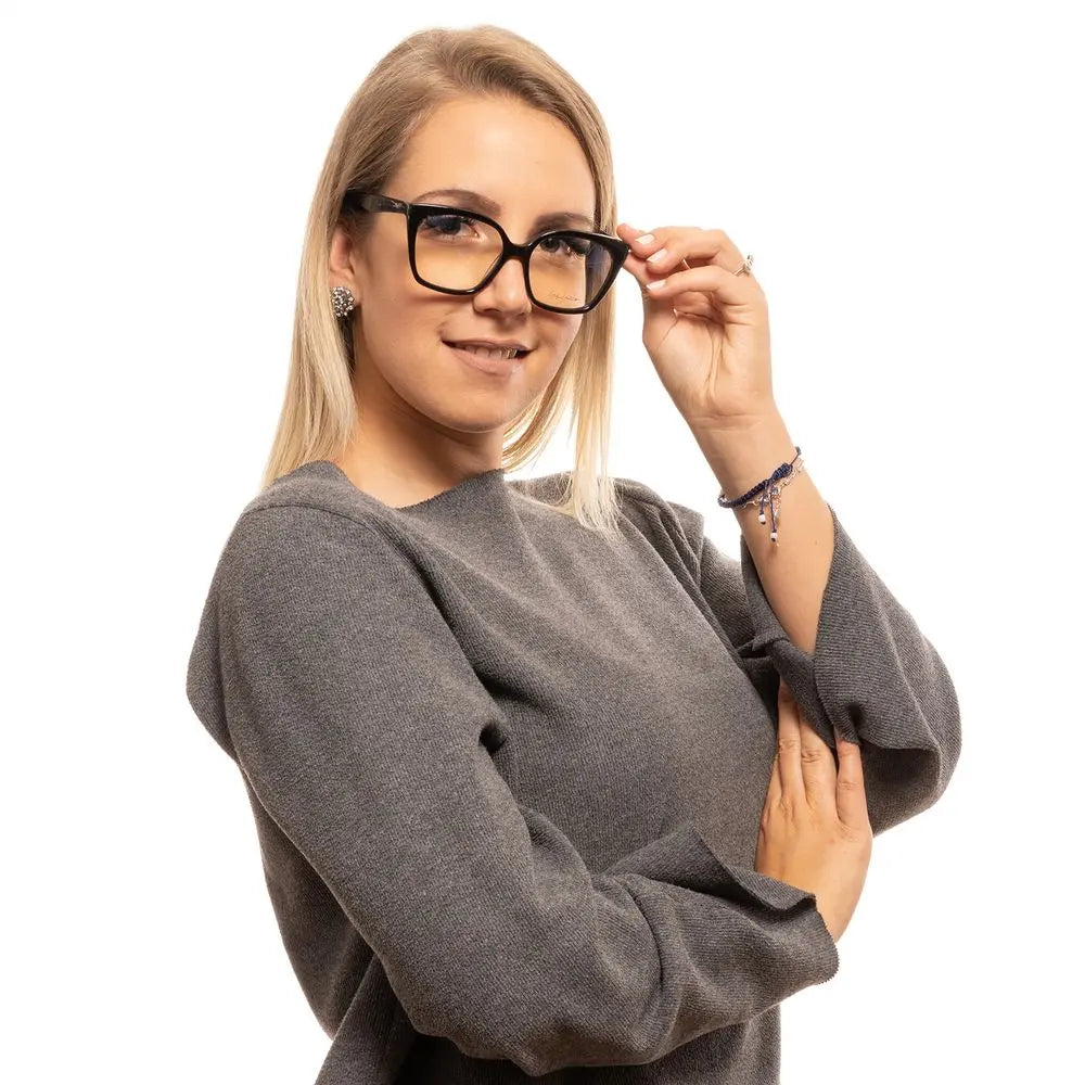 Black glossy oversized square plastic eyeglass frames with subtle marbled arms and clear lenses.