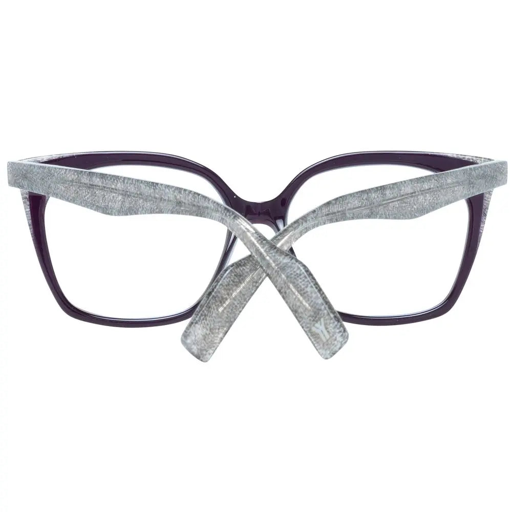 Purple oversized square plastic glasses frames with marbled gray temples and subtle brand engraving on lens.