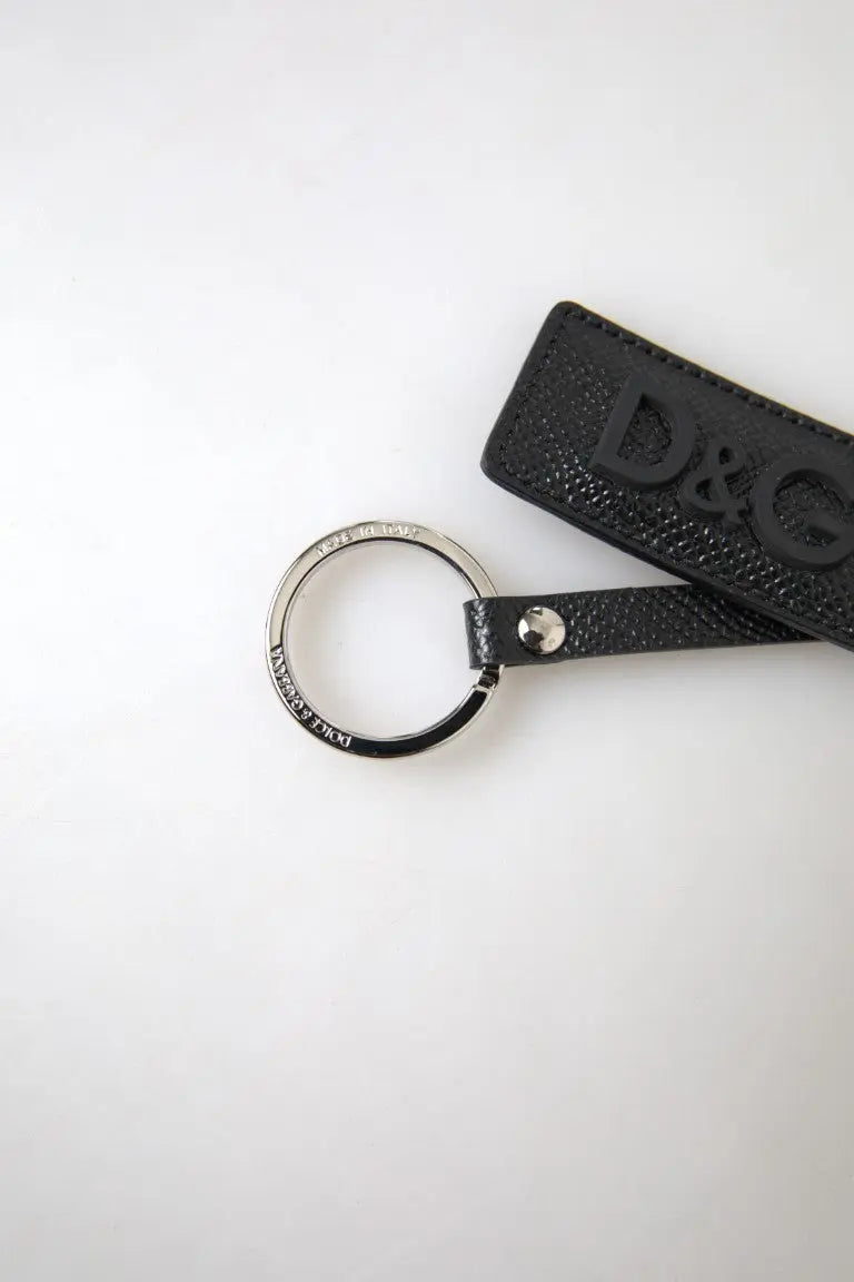 Black DG Logo Leather Silver Metal Keychain Dolce & Gabbana