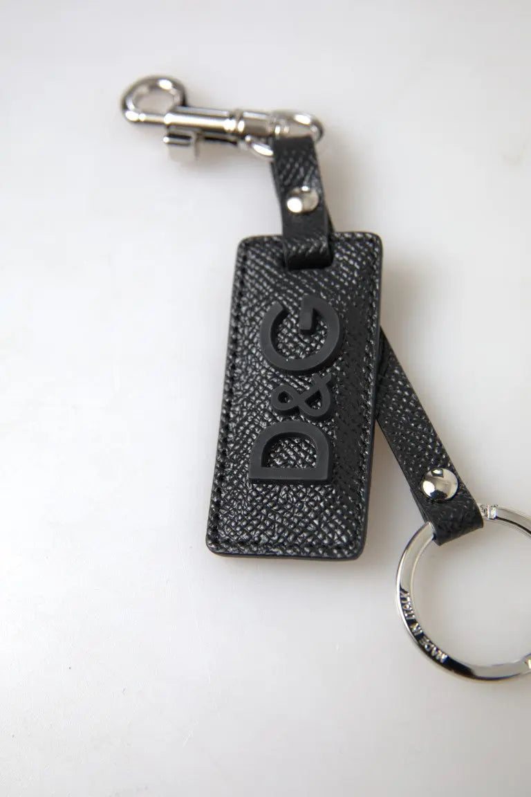 Black DG Logo Leather Silver Metal Keychain Dolce & Gabbana