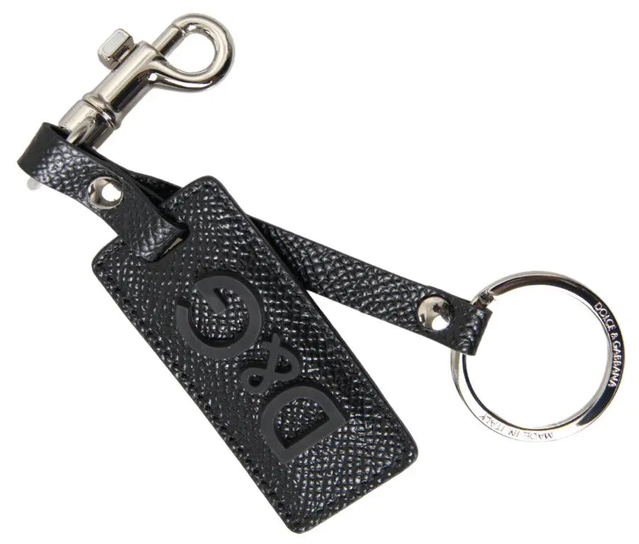 Black DG Logo Leather Silver Metal Keychain Dolce & Gabbana