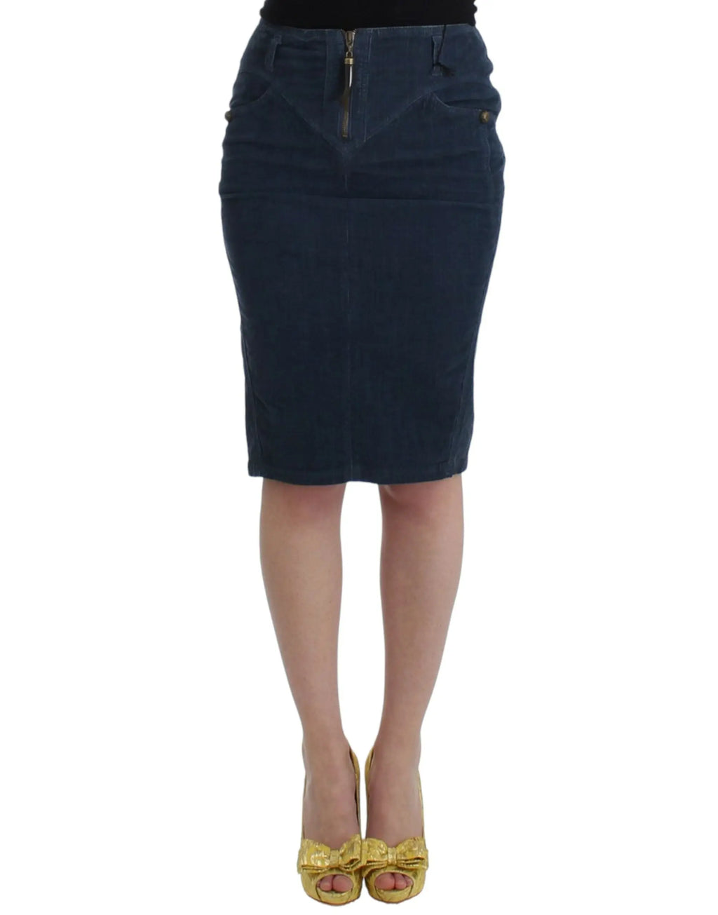 Blue midi pencil skirt in corduroy with front zip and pockets.