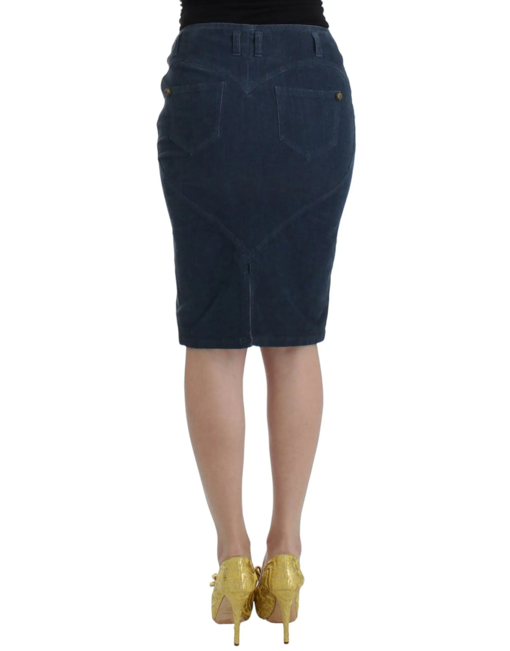 Blue midi pencil skirt in corduroy with front zip and pockets.