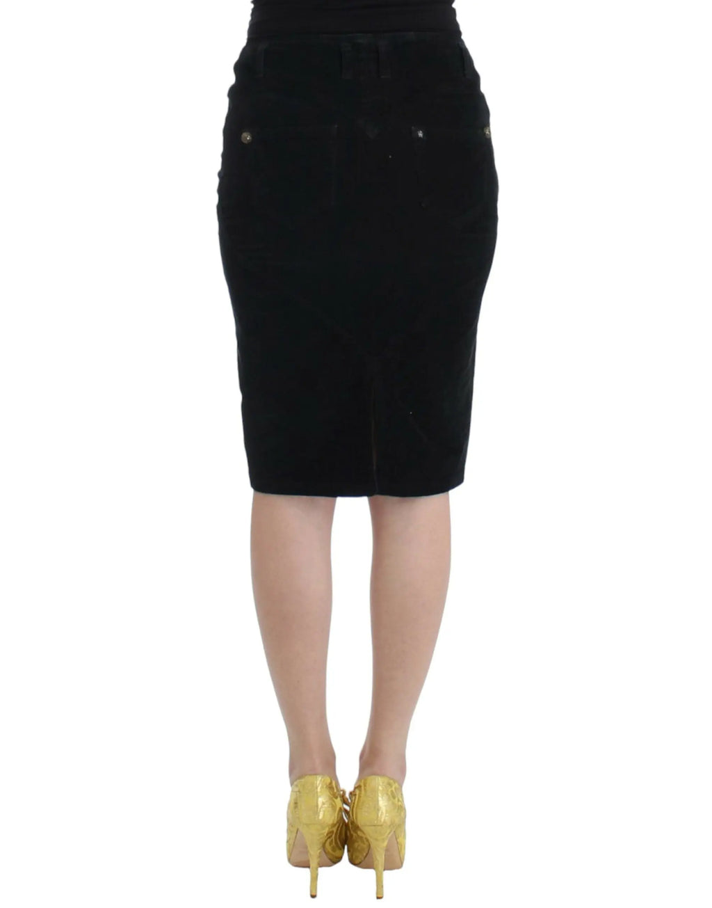 Black corduroy pencil skirt with front zipper and high waist, midi length.