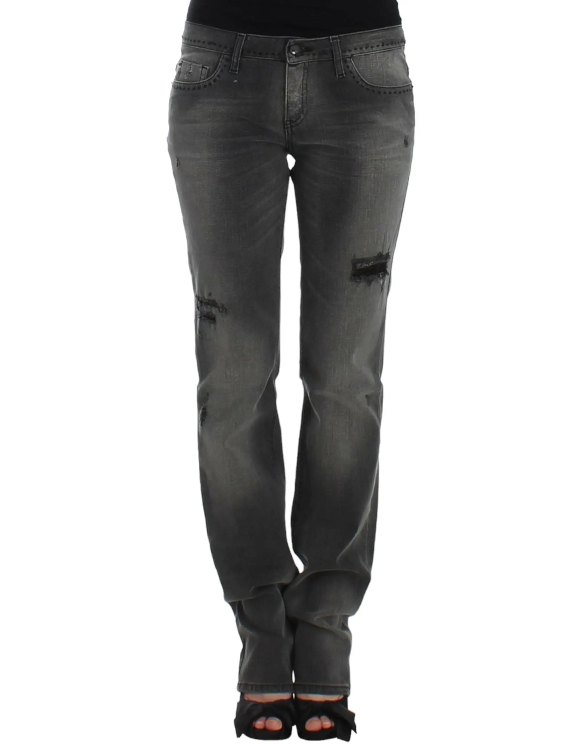 Gray straight-leg jeans with slight distressing on upper thighs and knees, mid-rise fit.