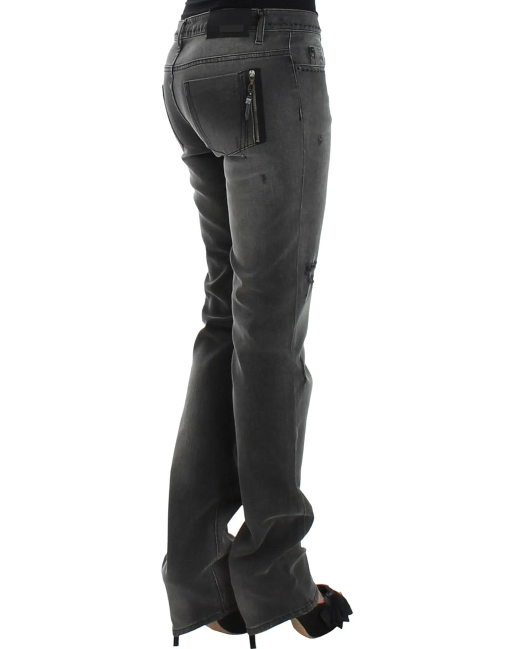 Gray straight-leg jeans with slight distressing on upper thighs and knees, mid-rise fit.