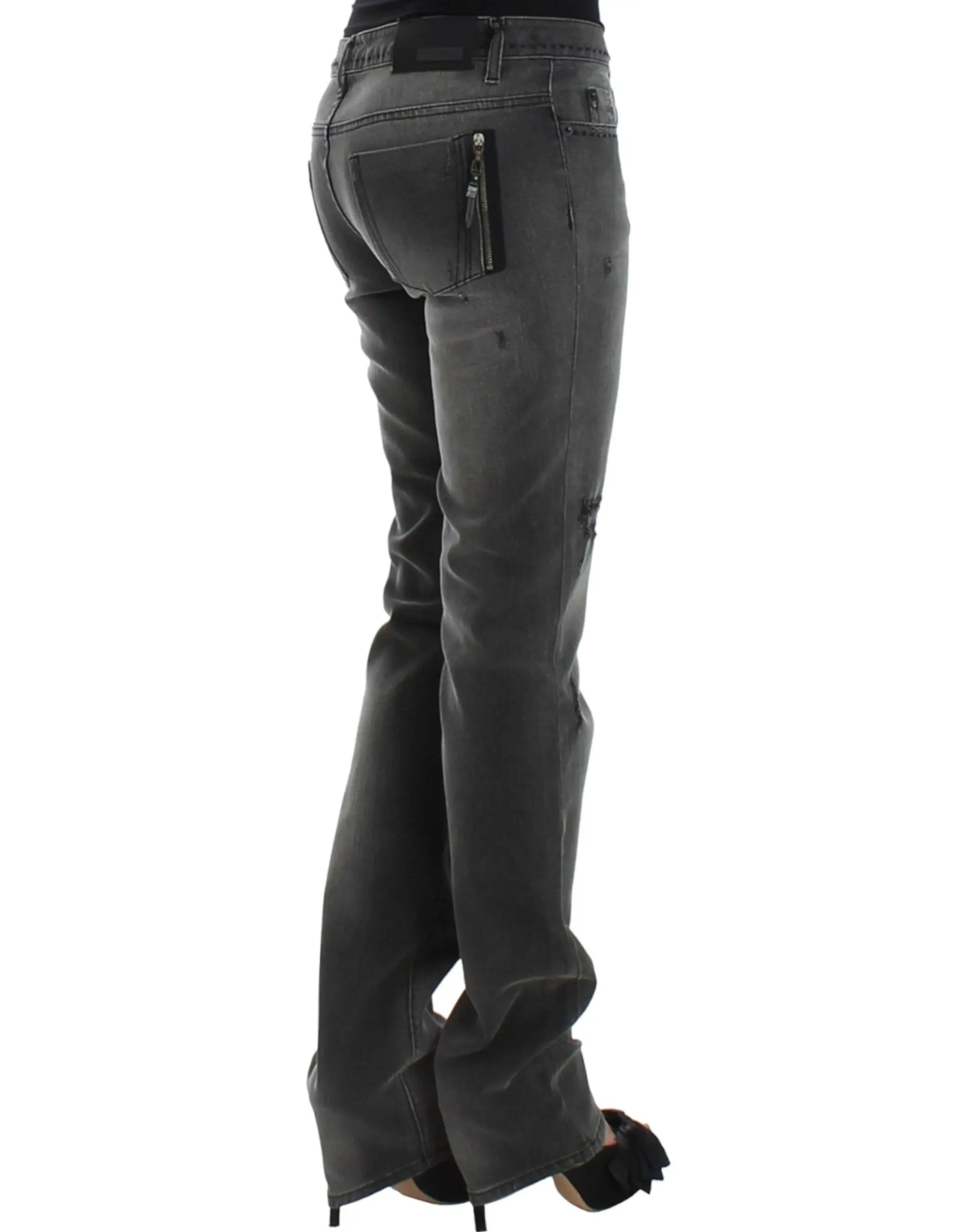 Gray straight-leg jeans with slight distressing on upper thighs and knees, mid-rise fit.