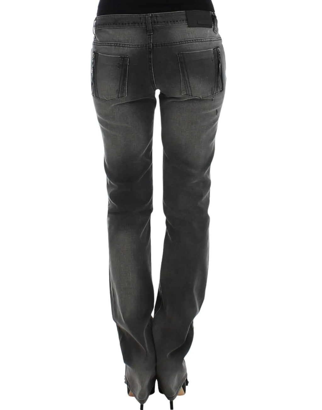 Gray straight-leg jeans with slight distressing on upper thighs and knees, mid-rise fit.