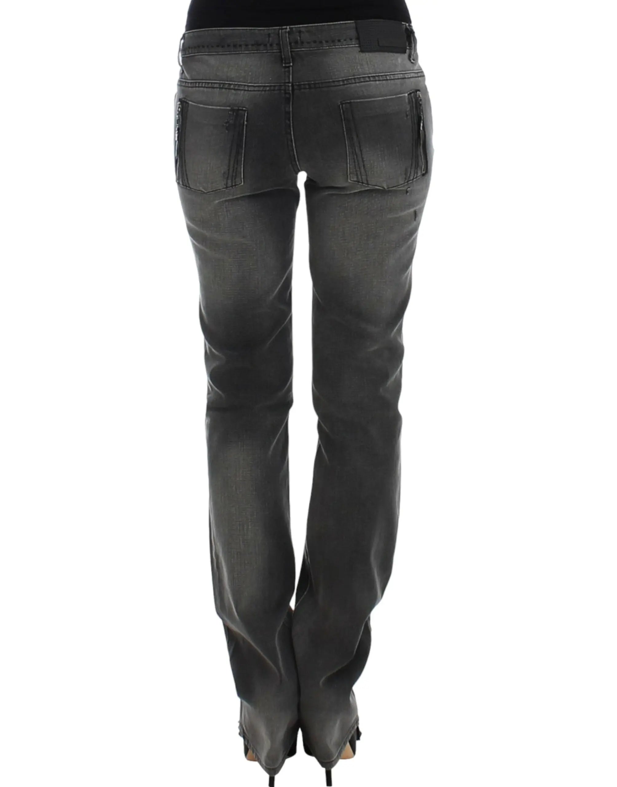 Gray straight-leg jeans with slight distressing on upper thighs and knees, mid-rise fit.