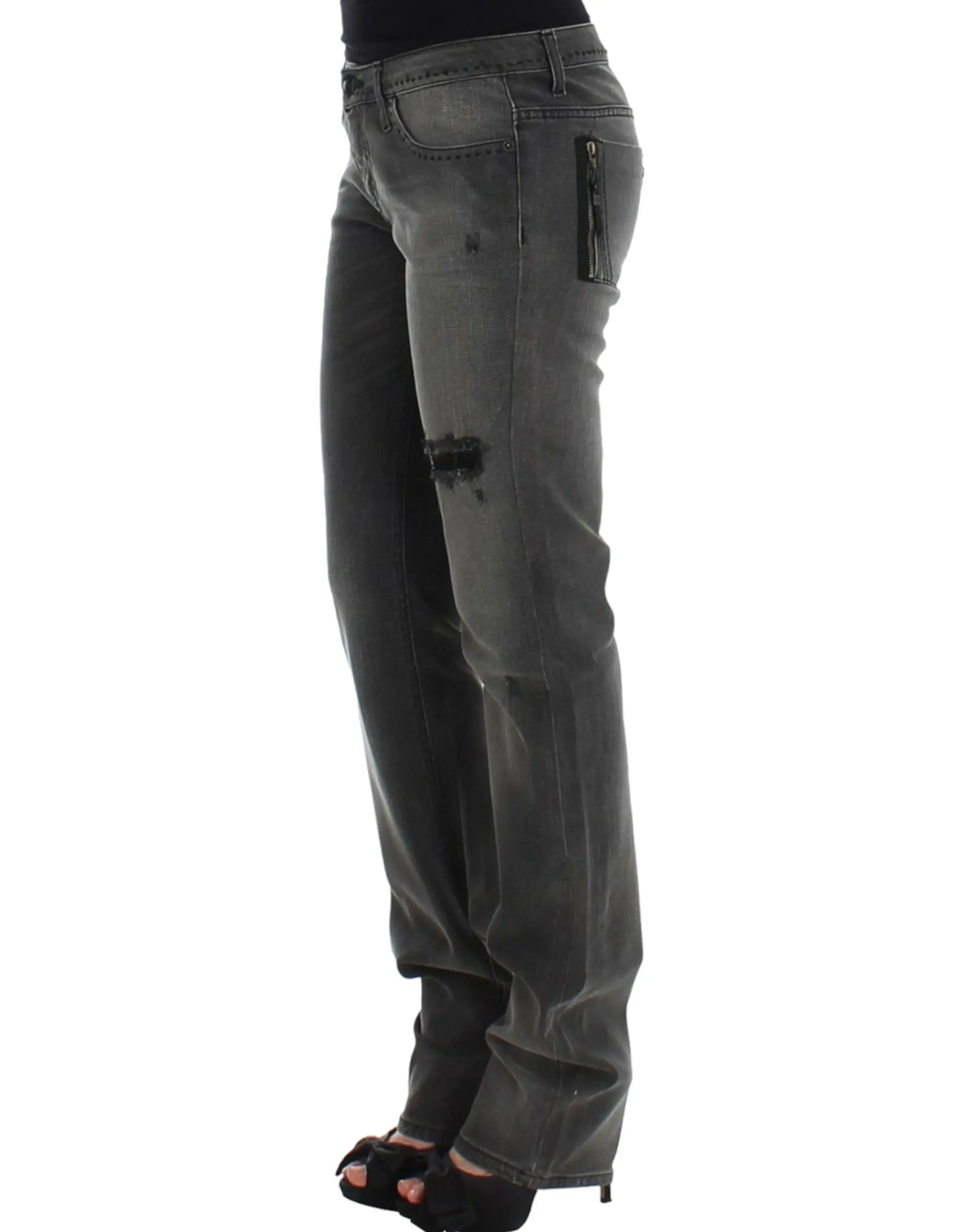 Gray straight-leg jeans with slight distressing on upper thighs and knees, mid-rise fit.