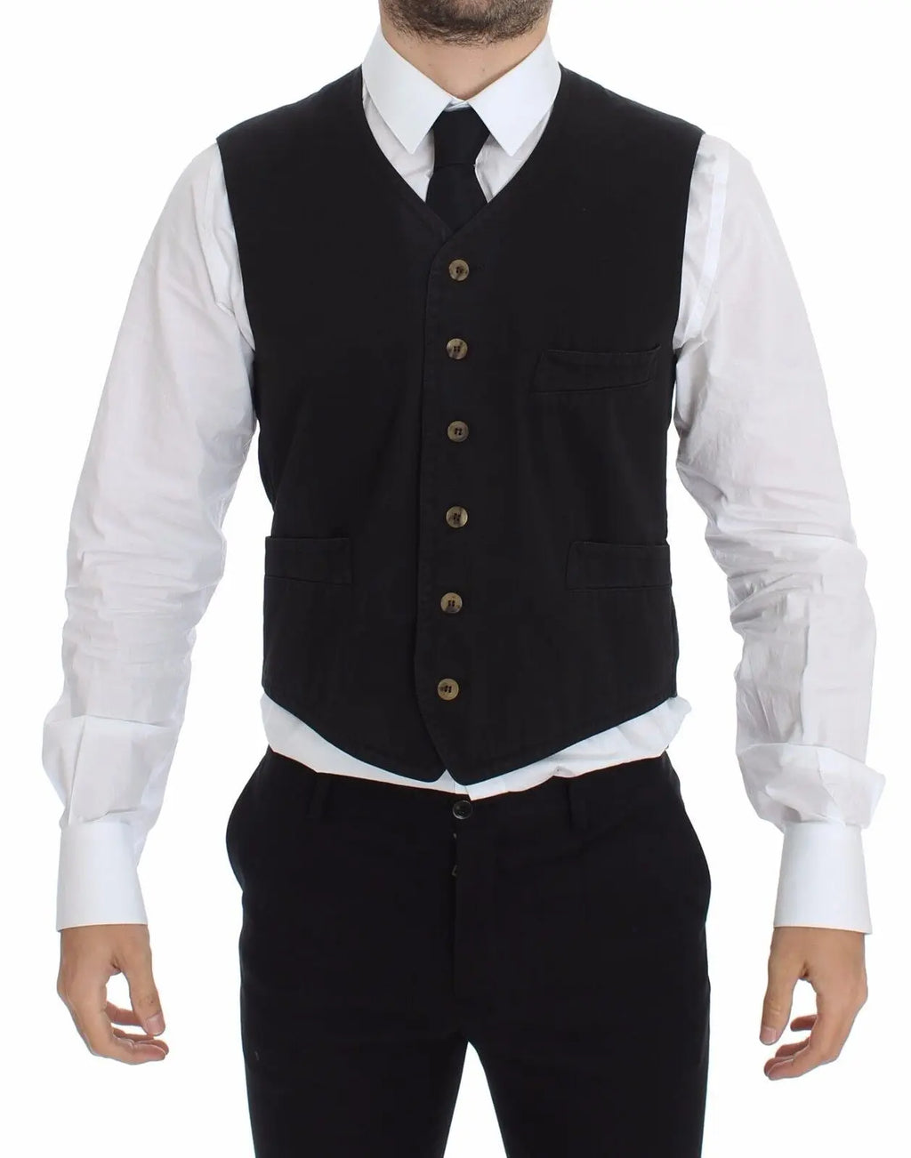 Black cotton viscose dress vest blazer with button front and pointed hem over white dress shirt and black tie.