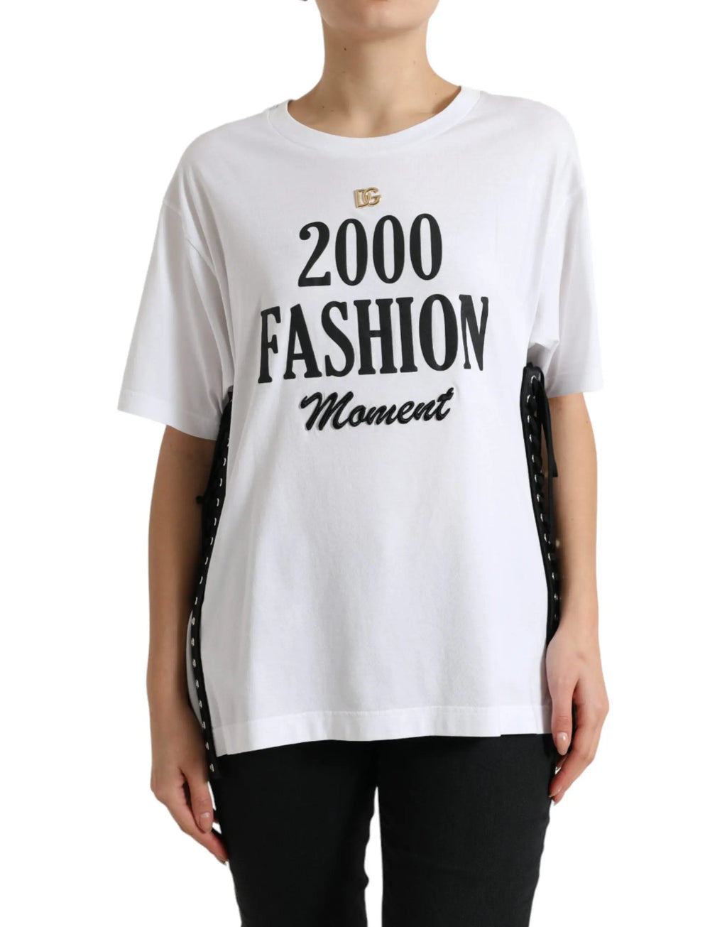 White Slogan Print Lacing Detailed T-shirt Dolce & Gabbana