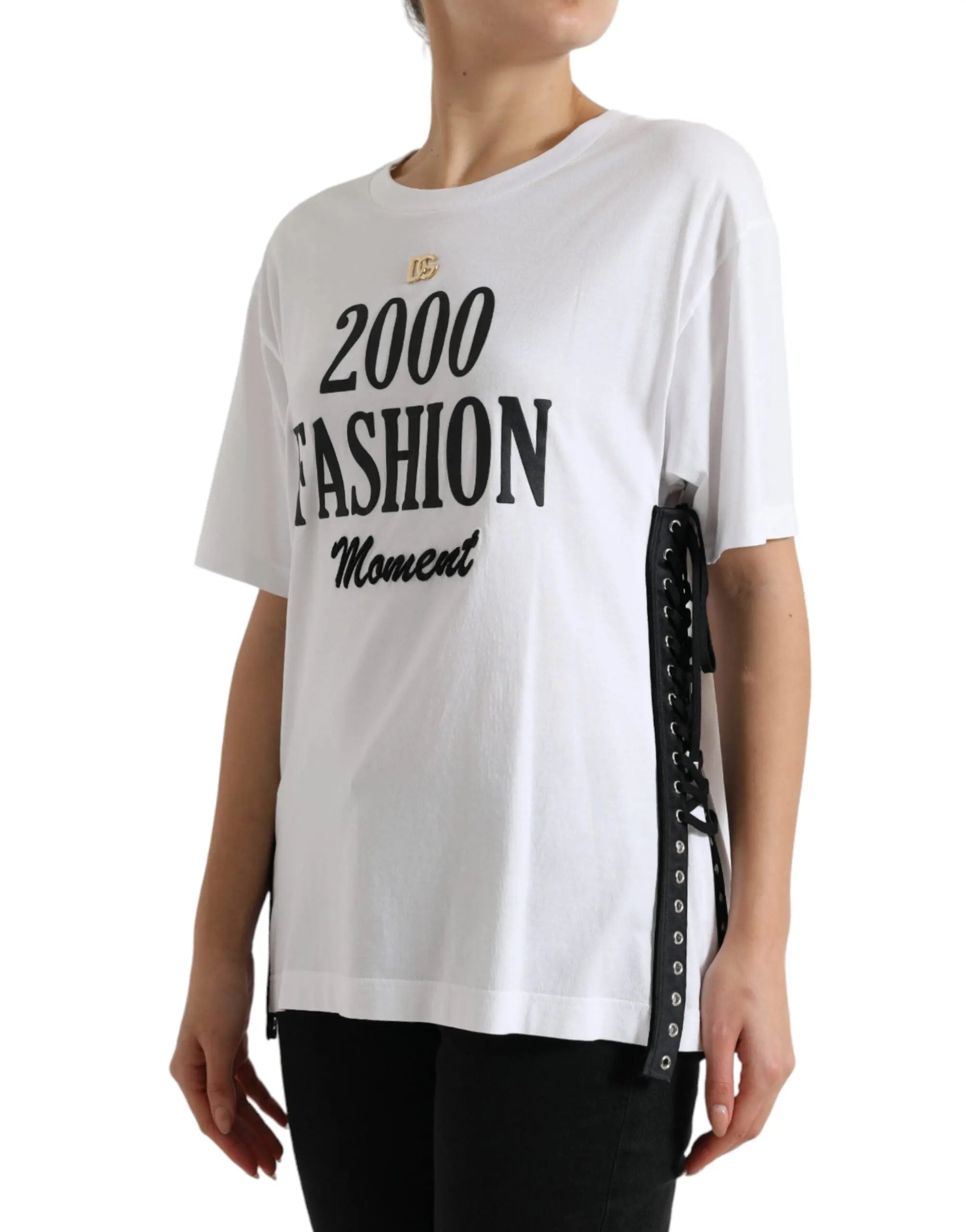 White Slogan Print Lacing Detailed T-shirt Dolce & Gabbana