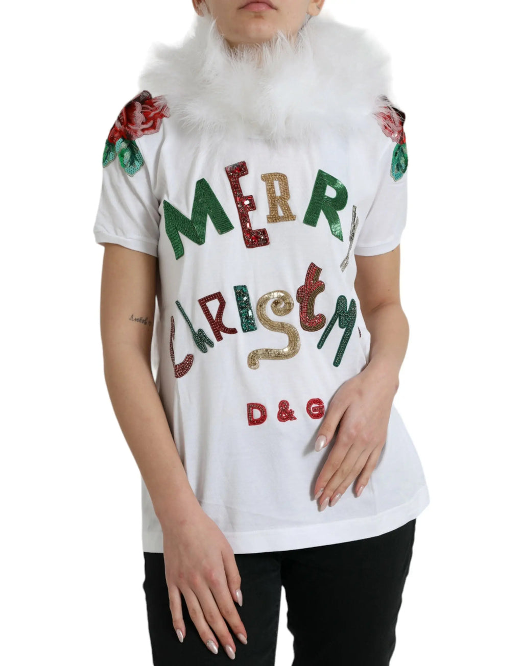 White Cotton Christmas Sequin Fur T-shirt Dolce & Gabbana