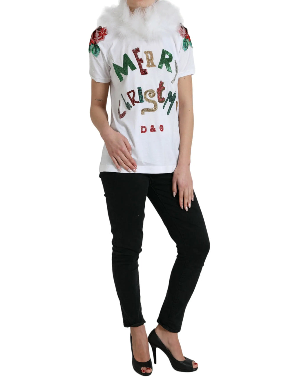 White Cotton Christmas Sequin Fur T-shirt Dolce & Gabbana