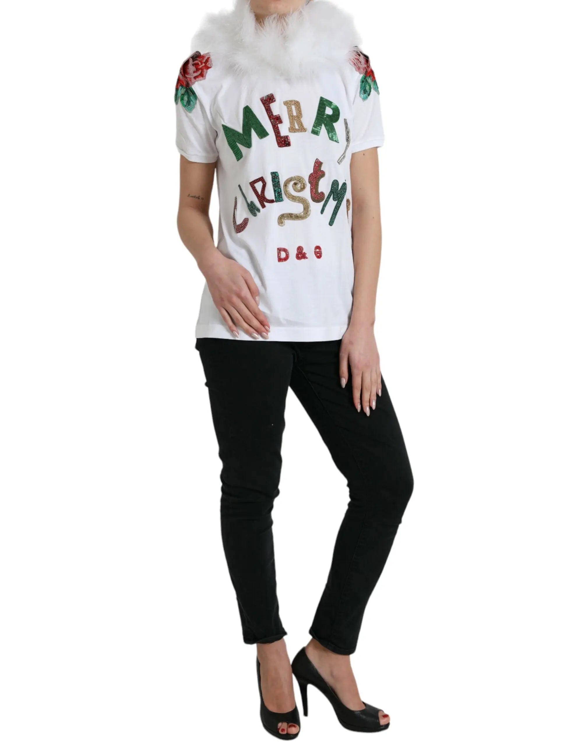 White Cotton Christmas Sequin Fur T-shirt Dolce & Gabbana
