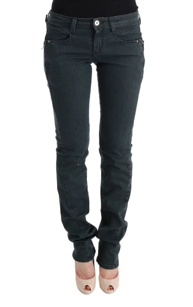 Gray superslim denim jeans in cotton-elastane blend with classic five-pocket design and button closure.