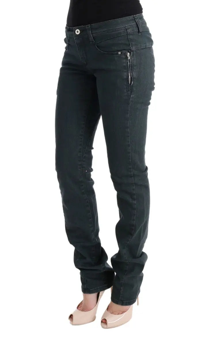 Gray superslim denim jeans in cotton-elastane blend with classic five-pocket design and button closure.