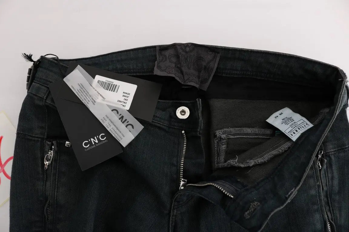Gray superslim denim jeans in cotton-elastane blend with classic five-pocket design and button closure.