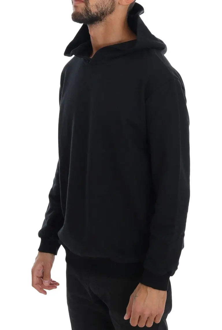 Black hooded casual cotton sweater with ribbed cuffs and hem, worn by male model.