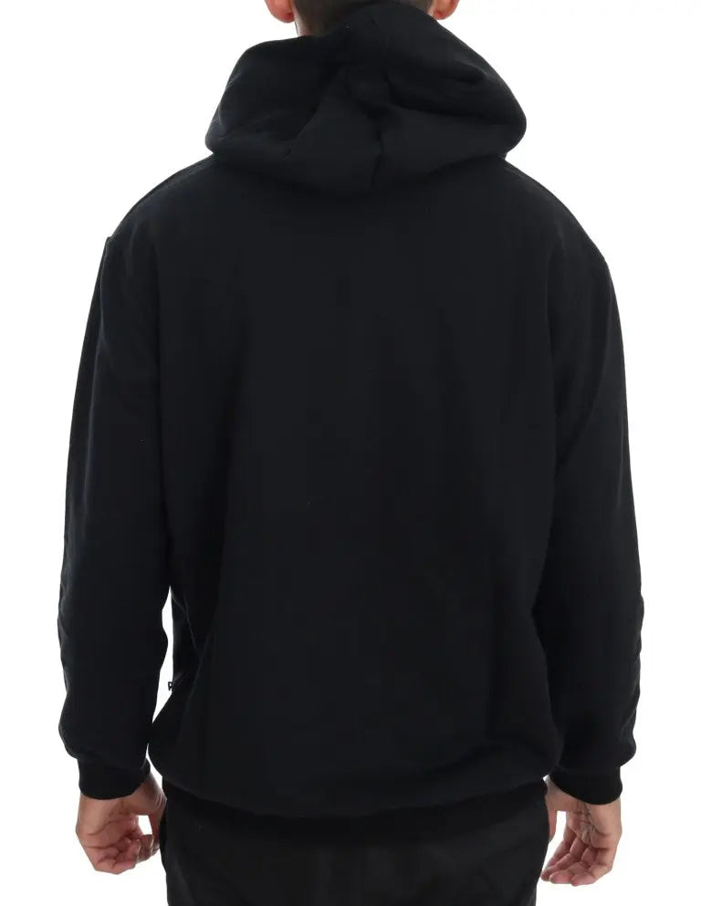Black hooded casual cotton sweater with ribbed cuffs and hem, worn by male model.