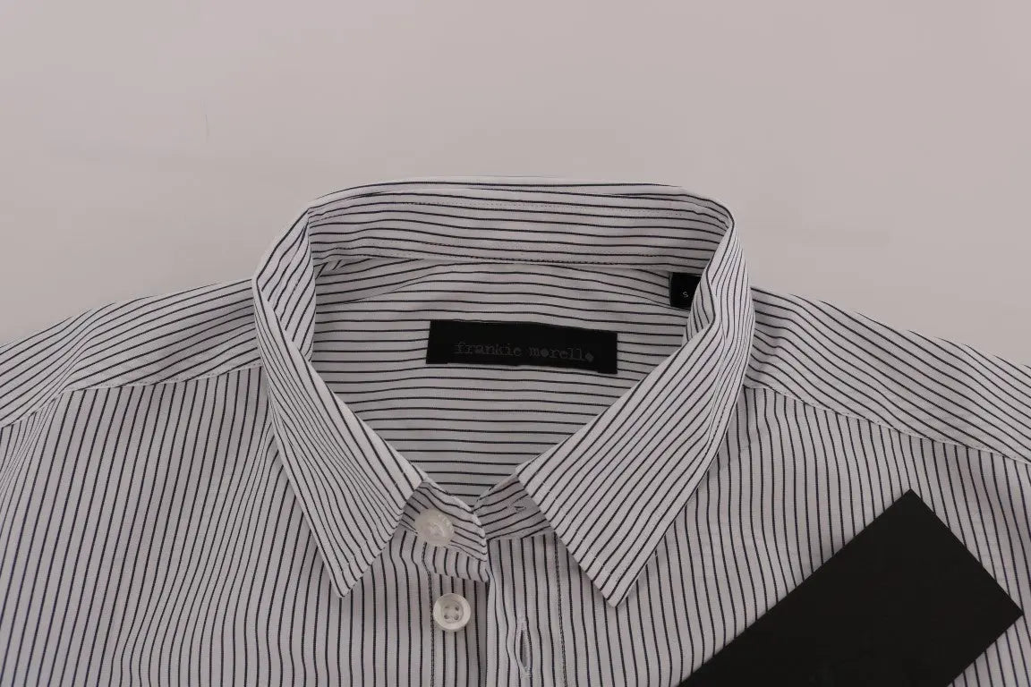 White cotton shirt with thin blue vertical stripes, button-down collar, and long sleeves.