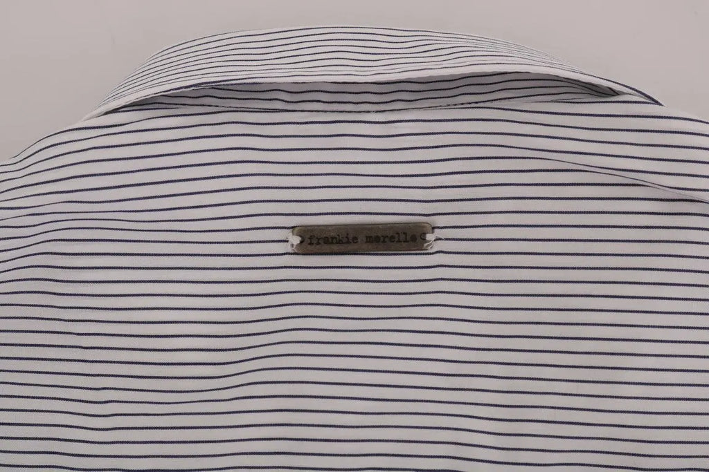 White cotton shirt with thin blue vertical stripes, button-down collar, and long sleeves.