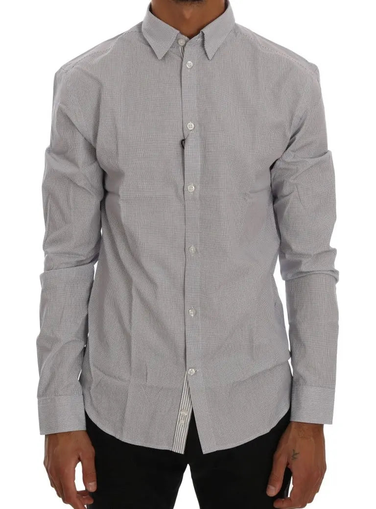 Men's white and blue check cotton shirt with long sleeves and button-down collar.