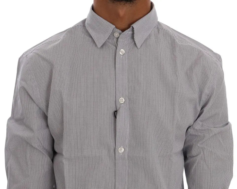 Men's white and blue check cotton shirt with long sleeves and button-down collar.
