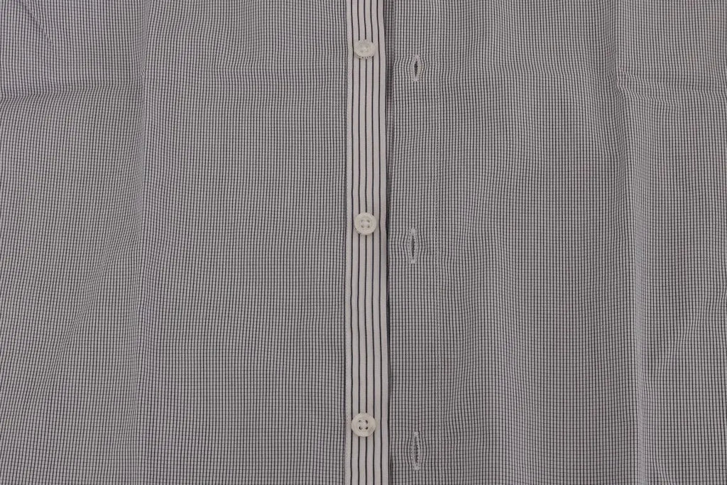 Men's white and blue check cotton shirt with long sleeves and button-down collar.