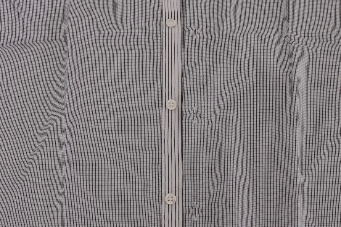 Men's white and blue check cotton shirt with long sleeves and button-down collar.