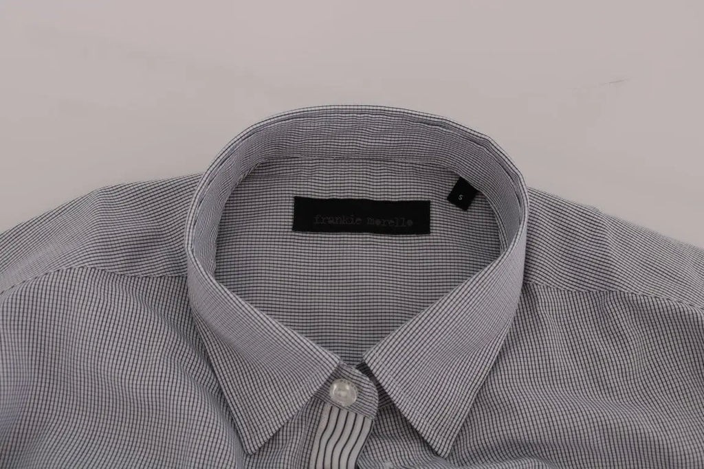 Men's white and blue check cotton shirt with long sleeves and button-down collar.