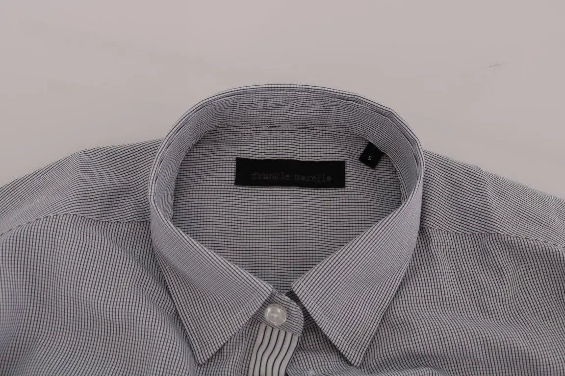 Men's white and blue check cotton shirt with long sleeves and button-down collar.