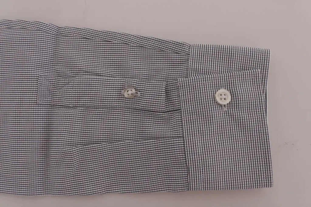 Men's white and blue check cotton shirt with long sleeves and button-down collar.