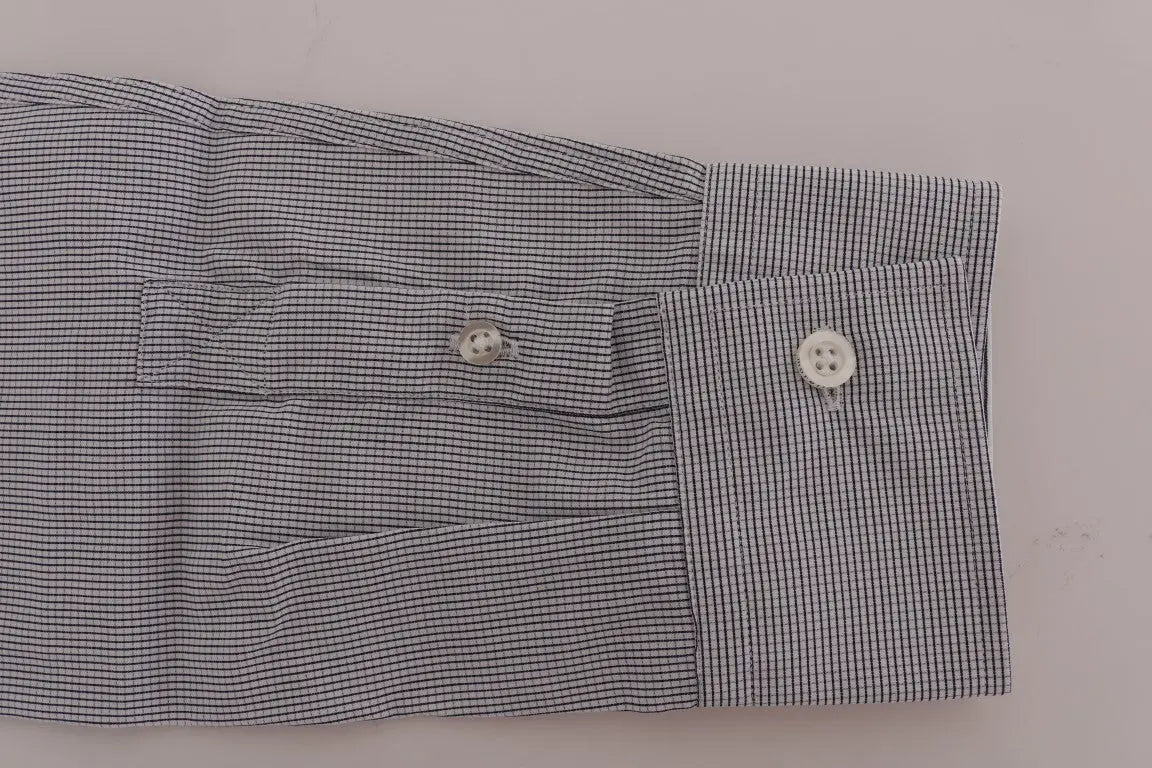 Men's white and blue check cotton shirt with long sleeves and button-down collar.