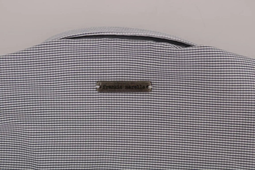 Men's white and blue check cotton shirt with long sleeves and button-down collar.