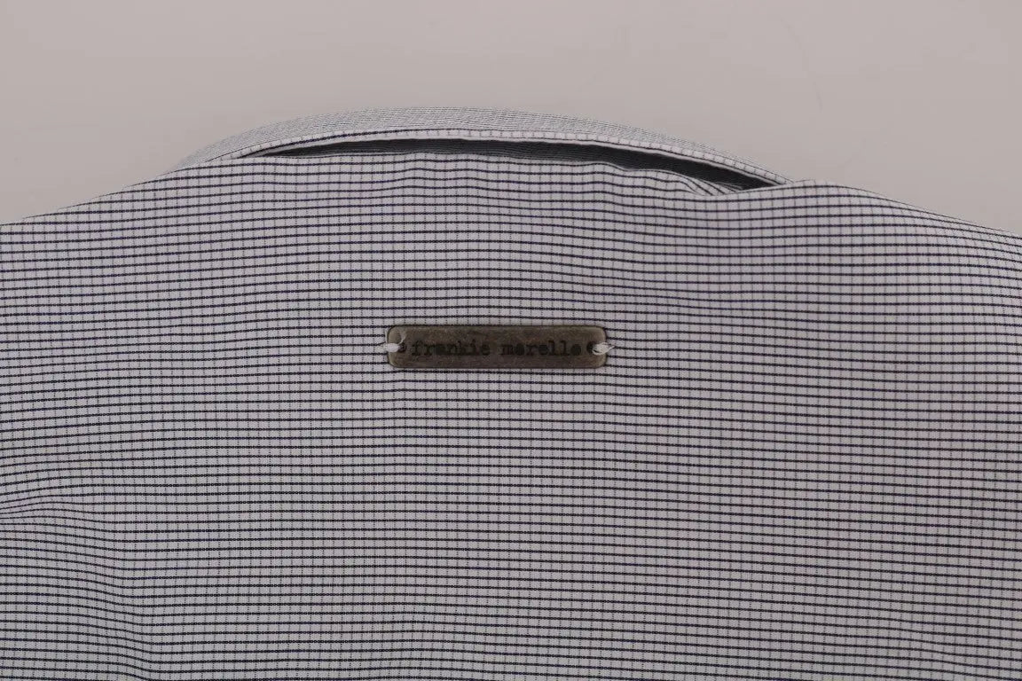 Men's white and blue check cotton shirt with long sleeves and button-down collar.