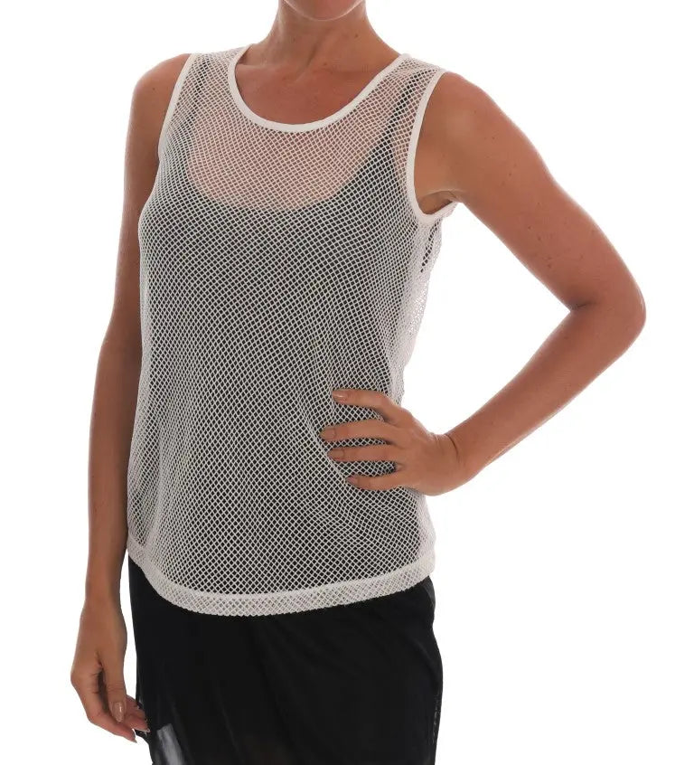 White sleeveless mesh tank top with scoop neck and relaxed fit.