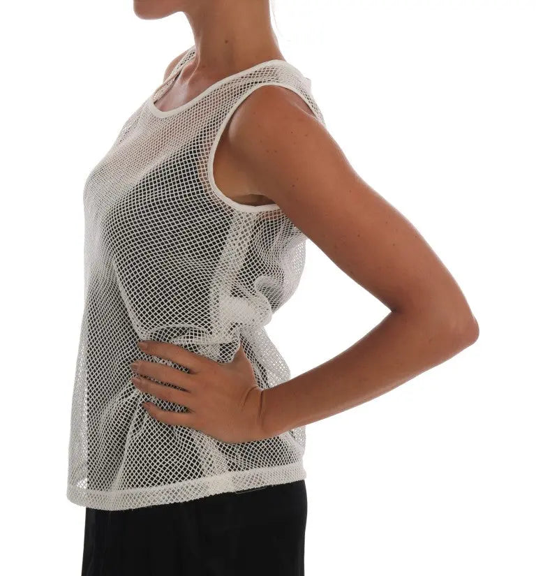 White sleeveless mesh tank top with scoop neck and relaxed fit.