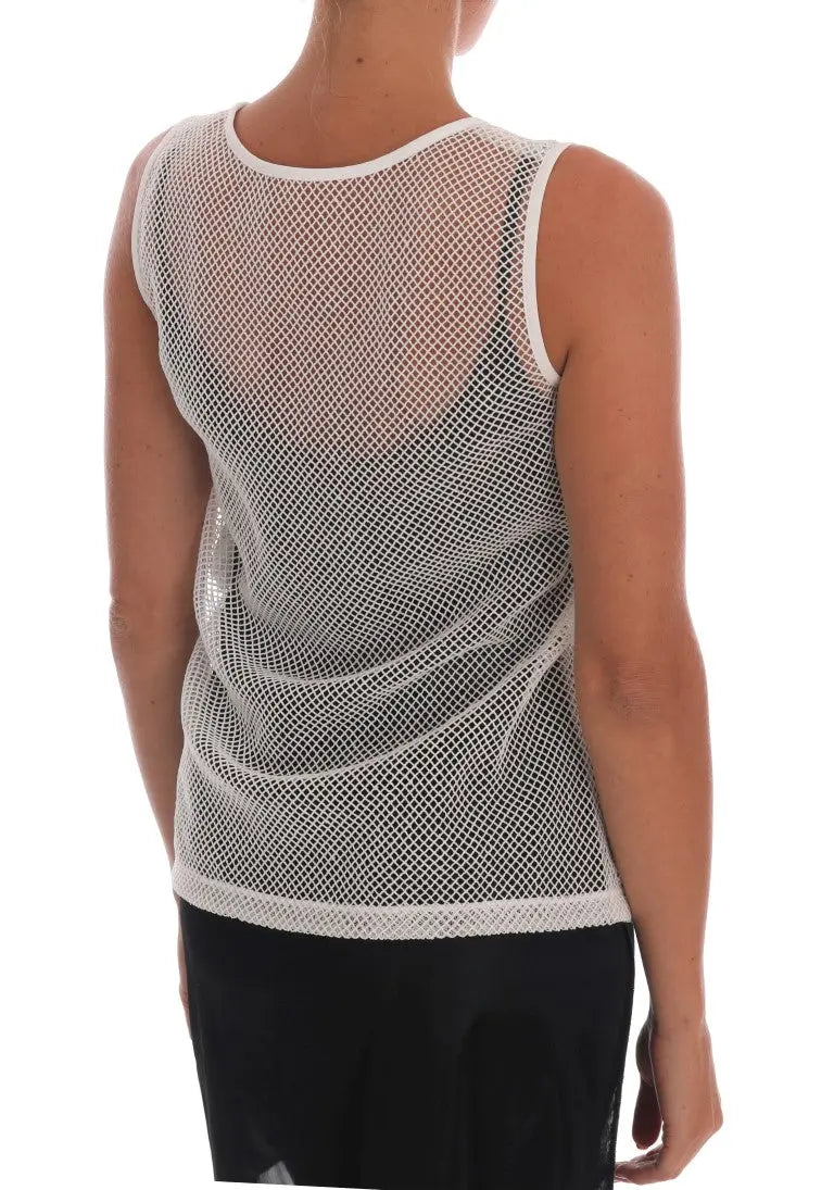 White sleeveless mesh tank top with scoop neck and relaxed fit.