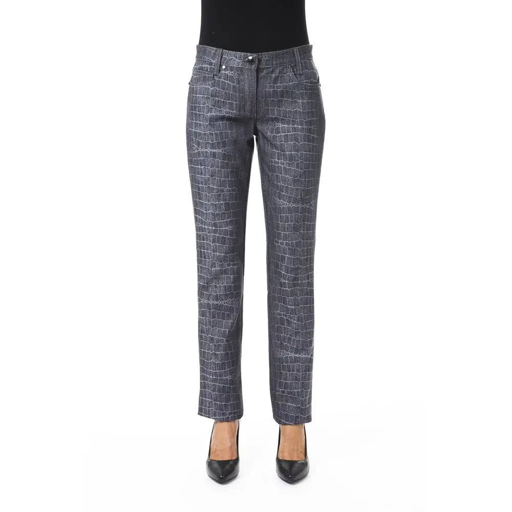 Black slim-fit women's pants with subtle textured pattern, mid-rise waist, and classic five-pocket design.