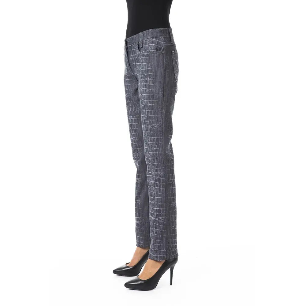 Black slim-fit women's pants with subtle textured pattern, mid-rise waist, and classic five-pocket design.