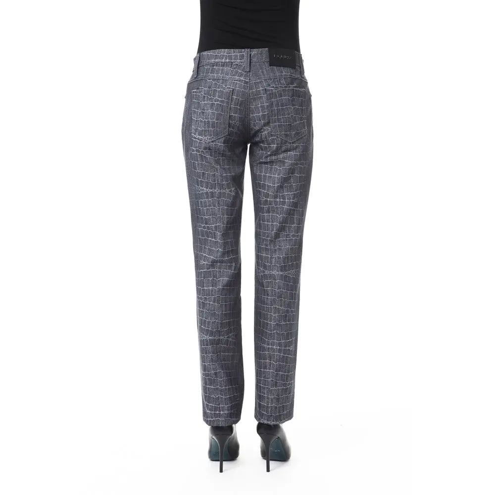 Black slim-fit women's pants with subtle textured pattern, mid-rise waist, and classic five-pocket design.