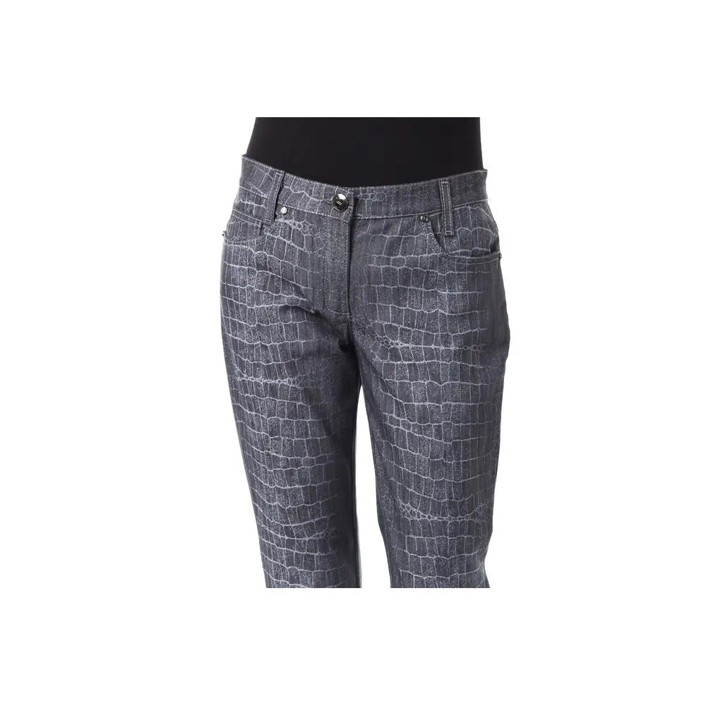 Black slim-fit women's pants with subtle textured pattern, mid-rise waist, and classic five-pocket design.