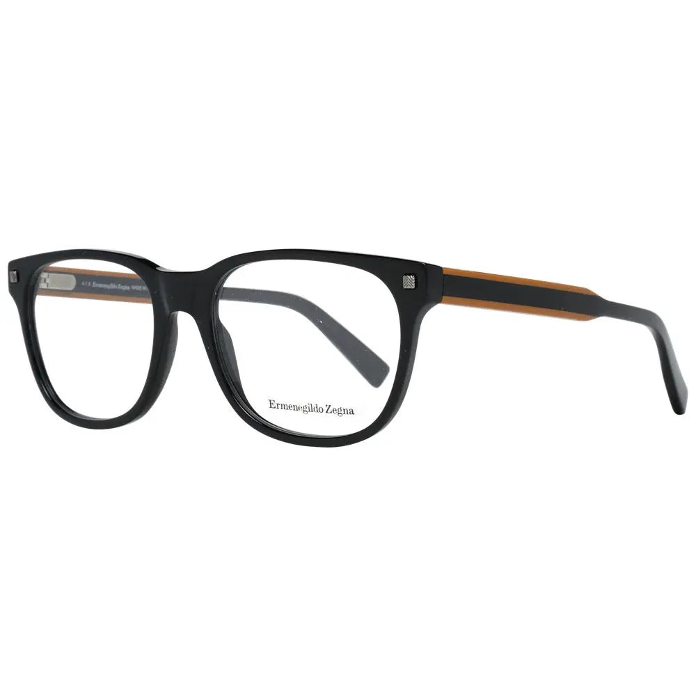 Black rectangular plastic eyeglass frames with subtle brown stripe detail on temple and Ermenegildo Zegna logo on lens.