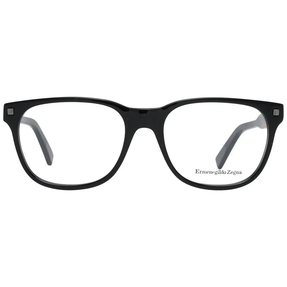 Black rectangular plastic eyeglass frames with subtle brown stripe detail on temple and Ermenegildo Zegna logo on lens.