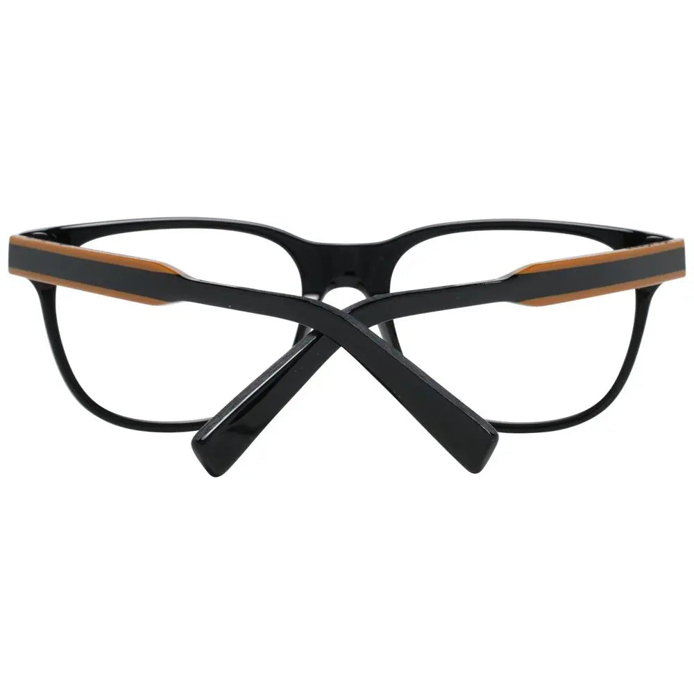 Black rectangular plastic eyeglass frames with subtle brown stripe detail on temple and Ermenegildo Zegna logo on lens.