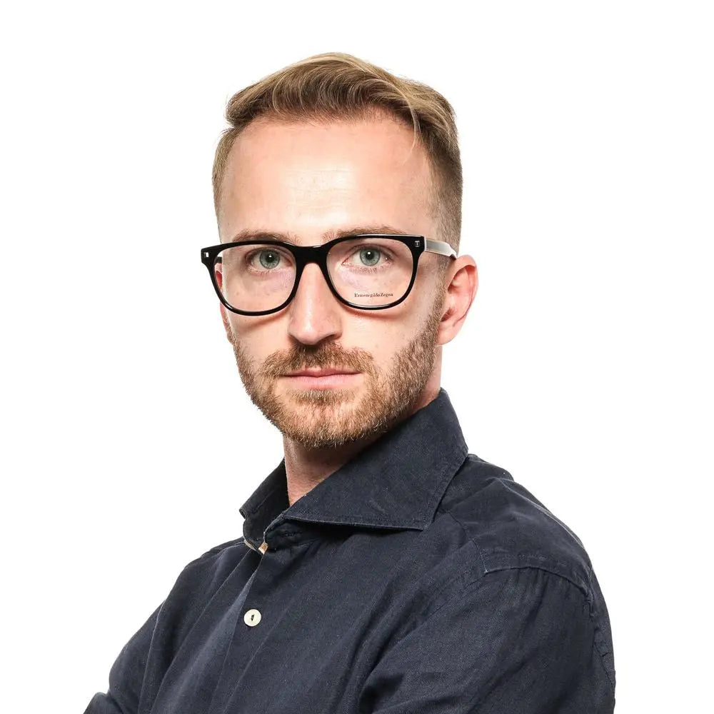 Black rectangular plastic eyeglass frames with subtle brown stripe detail on temple and Ermenegildo Zegna logo on lens.