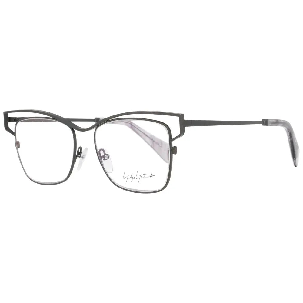Gray titanium rectangular eyeglass frames with thin arms and clear nose pads.